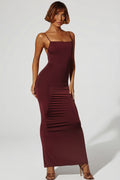 Chic Ruched Bodycon Maxi Dress in Brown