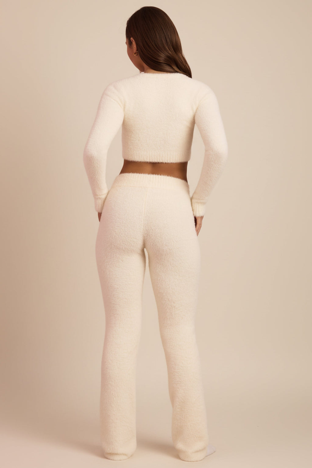 Chic Fluffy Knit Wide-Leg Trousers in Ivory