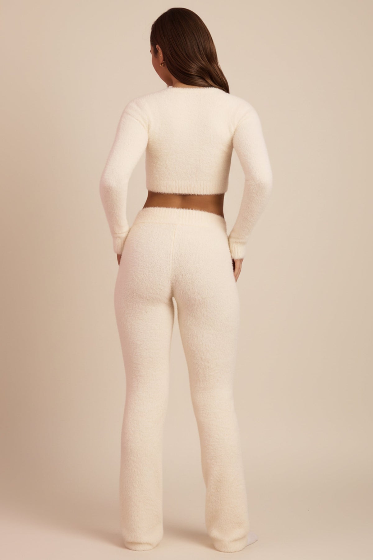 Chic Fluffy Knit Wide-Leg Trousers in Ivory