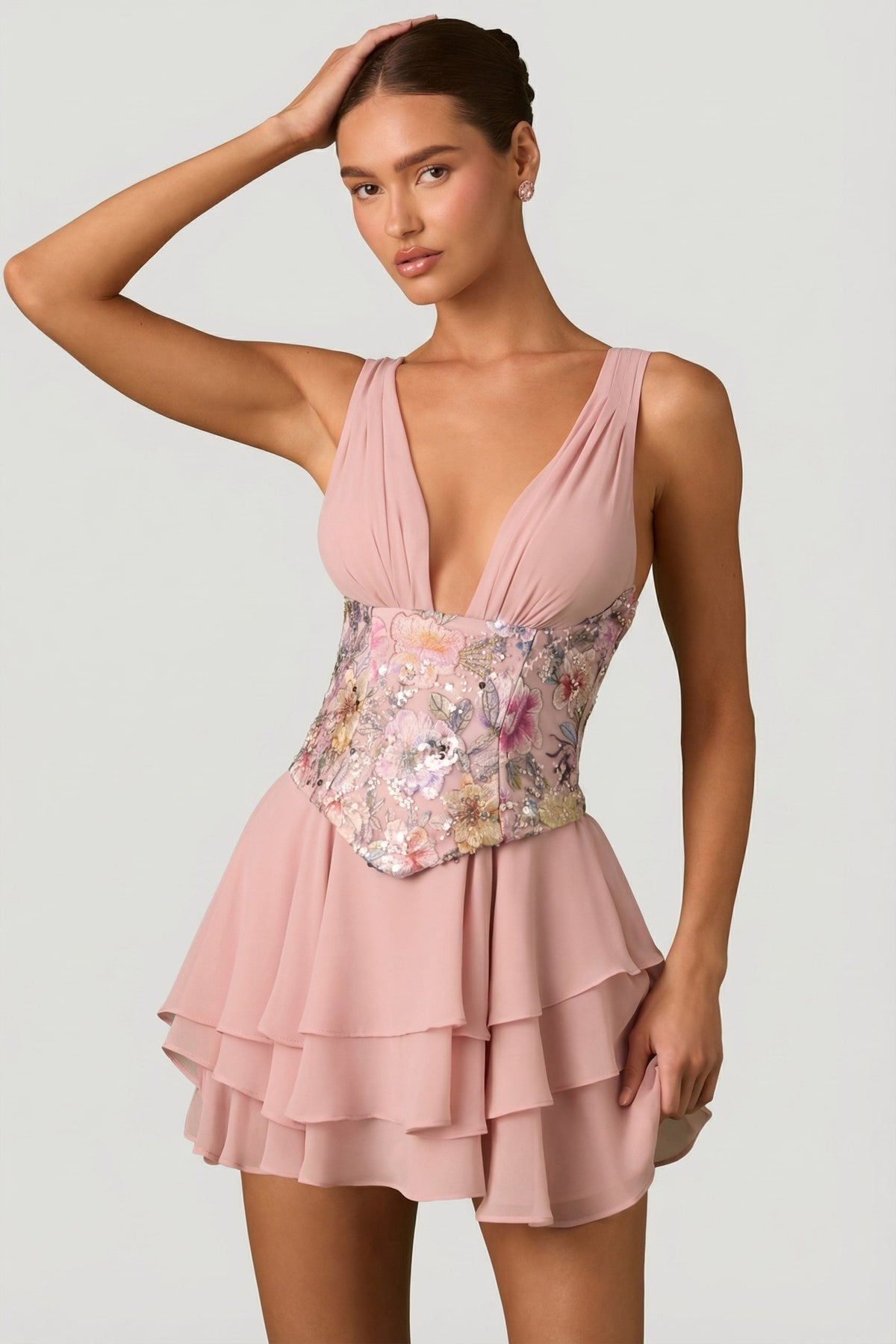 Chic Embellished Ruffled Corset Mini Dress in Floral Pink