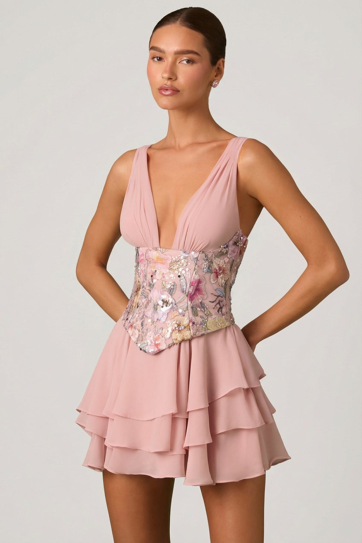 Chic Embellished Ruffled Corset Mini Dress in Floral Pink