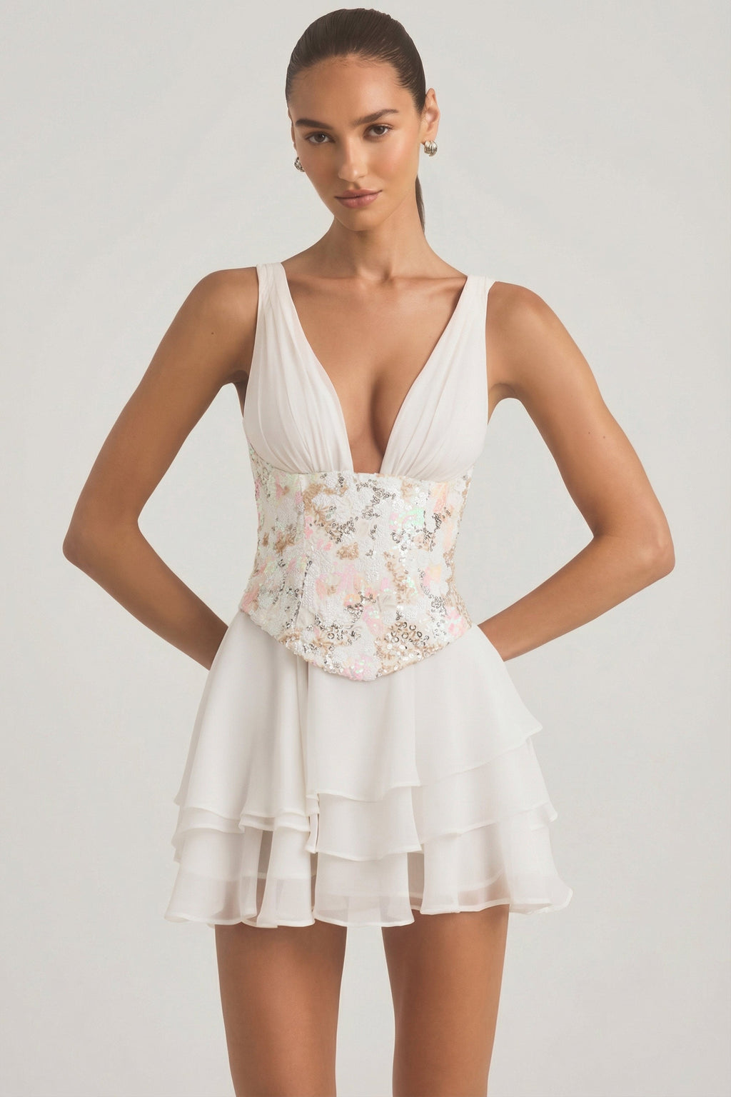 Chic Embellished Ruffled Corset Mini Dress in Ivory