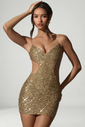 Chic Embellished Cut-Out Mini Dress in Gold