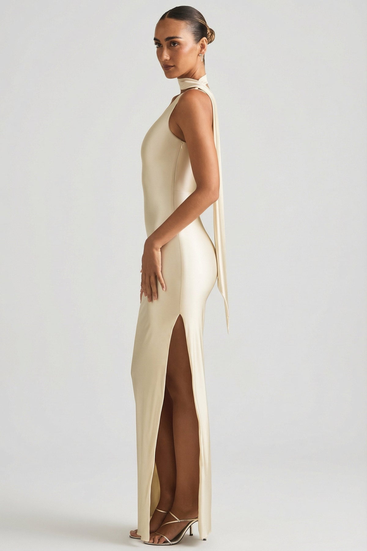 Chic Asymmetric Scarf-Detail Maxi Dress in Pearl