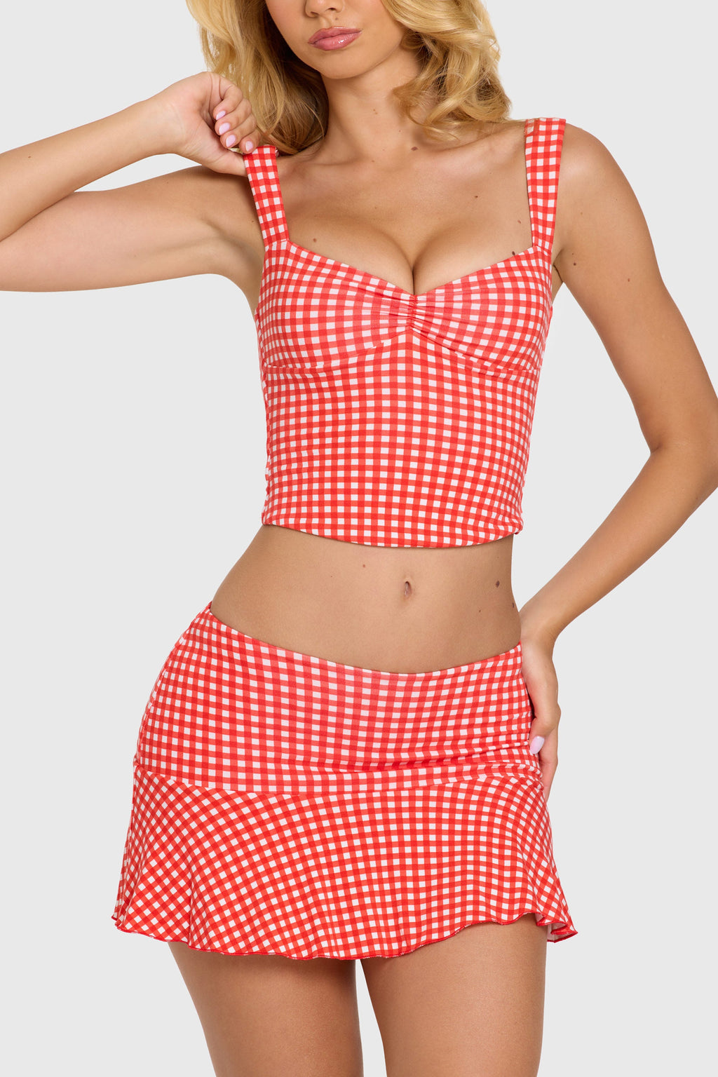 Chic Modal Mid-Rise Skort in Red Gingham