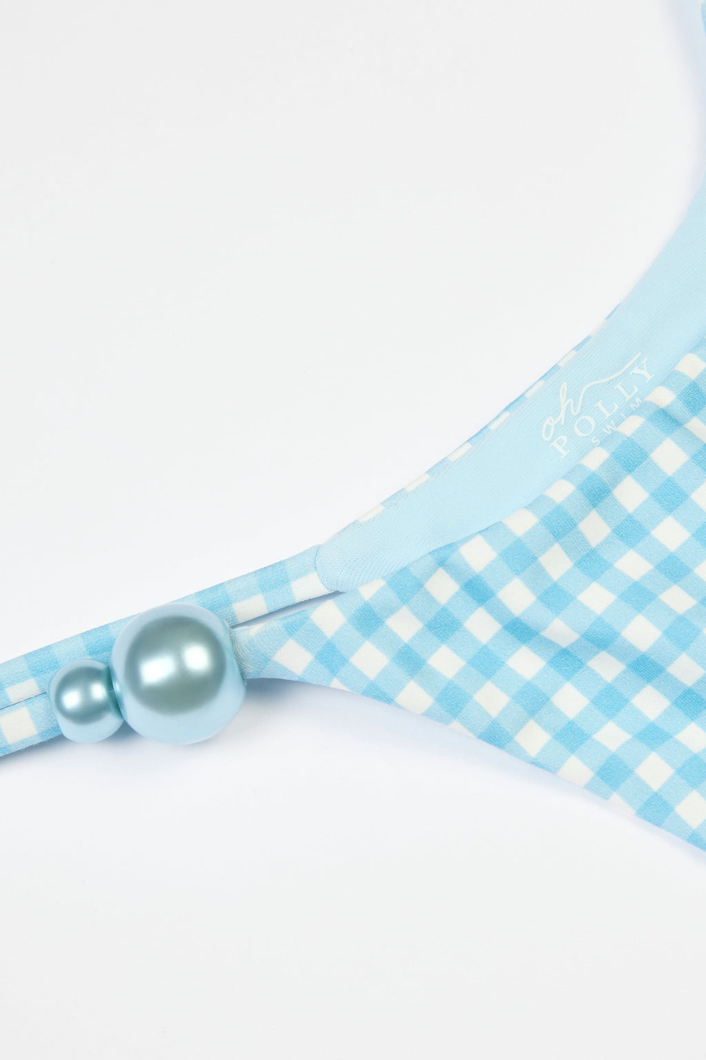 Chic Side-Tie Thong Bikini Bottoms in Blue Gingham Print