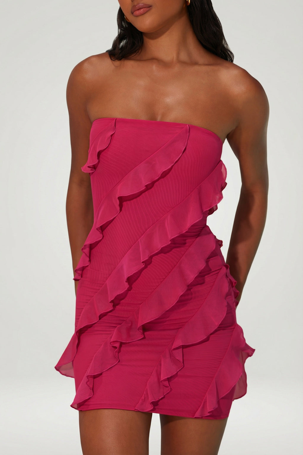 Chic Bandeau Ruffle Detail Mini Dress in Raspberry