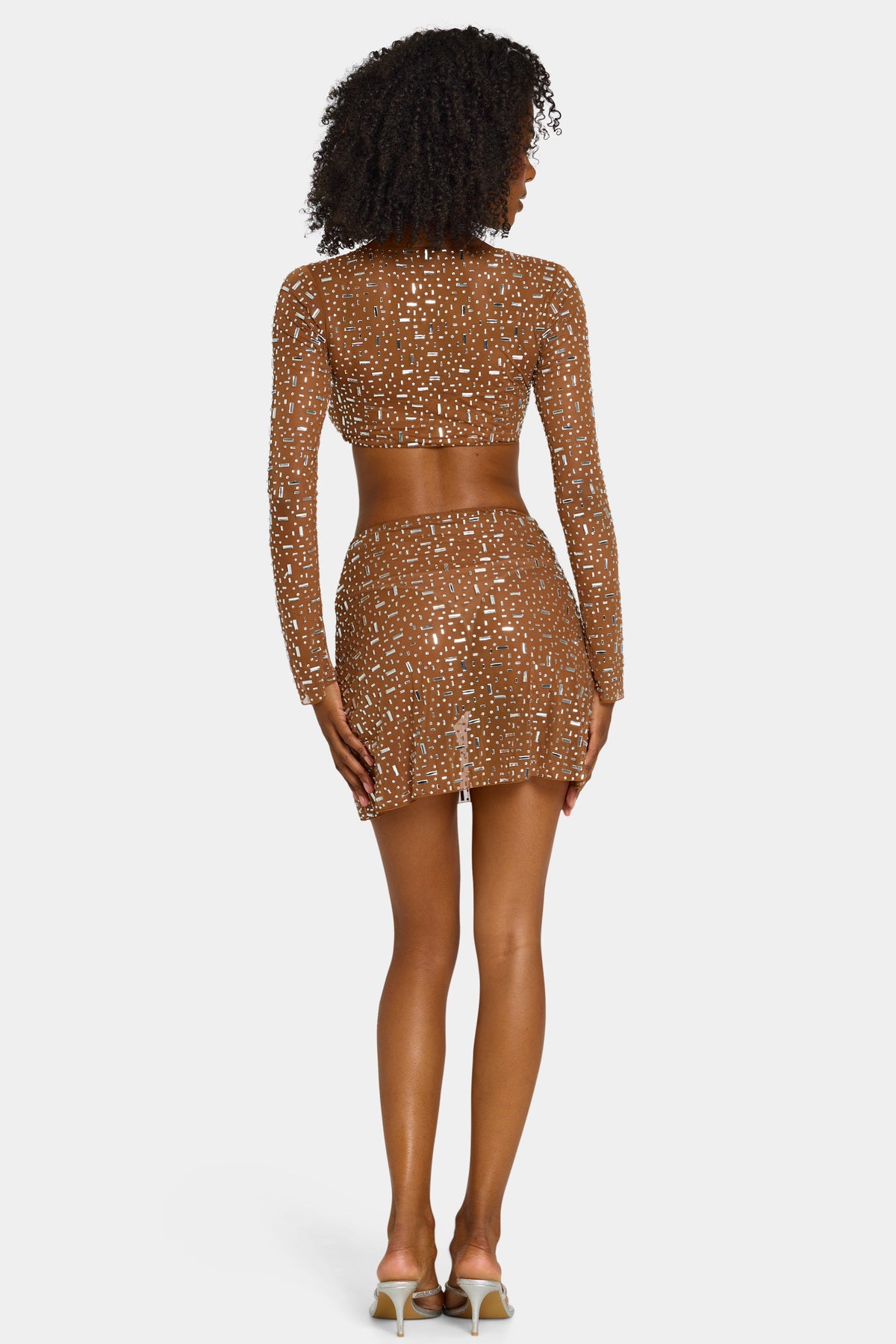 Chic Sheer Embellished V Waist Mini Skirt in Mocha