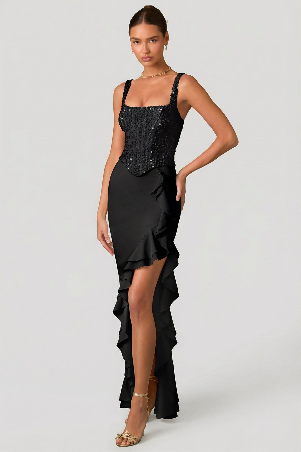 Chic Embellished Ruffle-Trim Corset Gown in Black