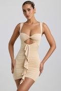 Chic Slinky Jersey Cut-Out Ruffle-Trim Mini Dress in Buttercream