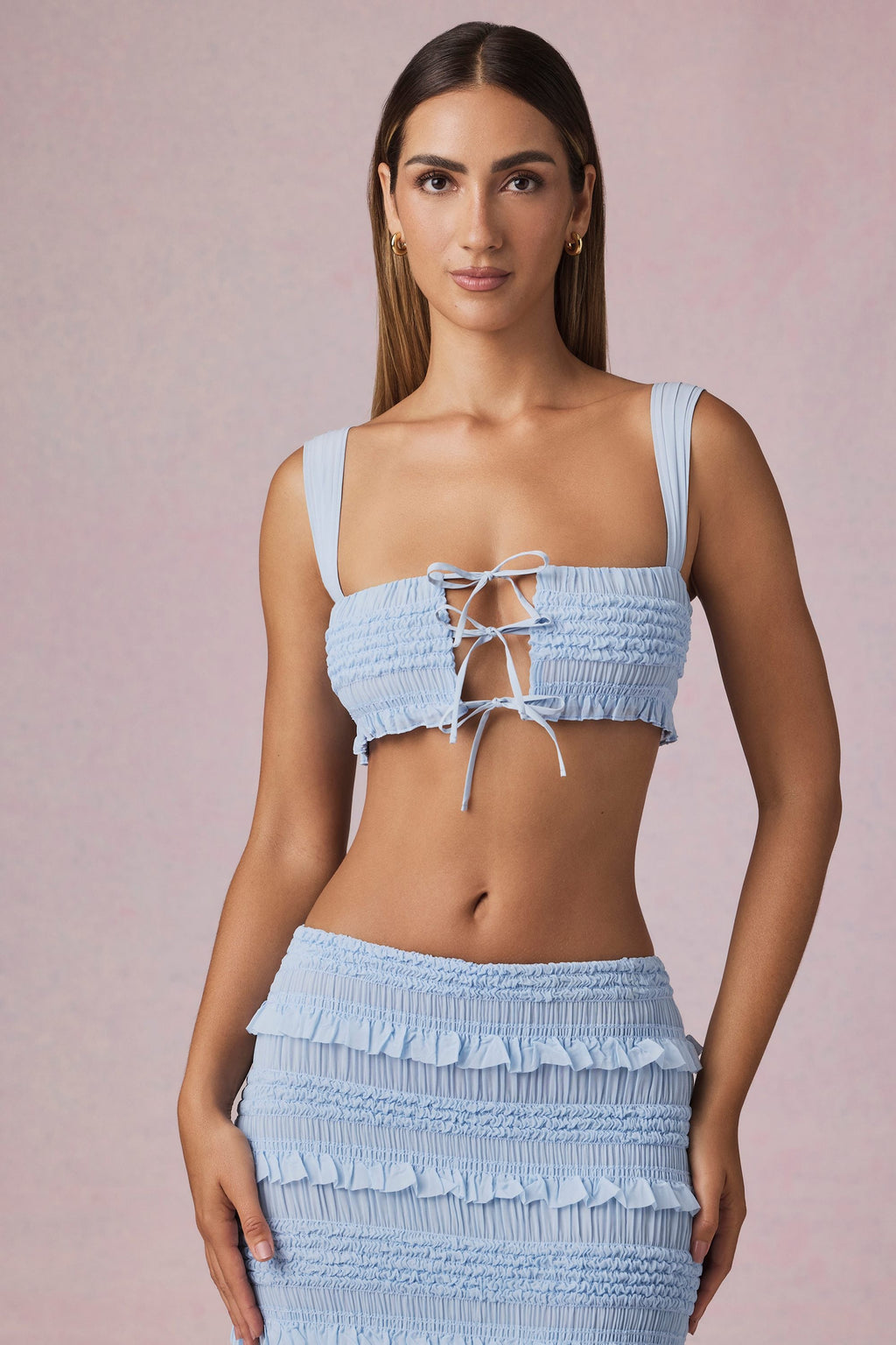 Chic Ruffle Tie-Front Crop Top in Powder Blue