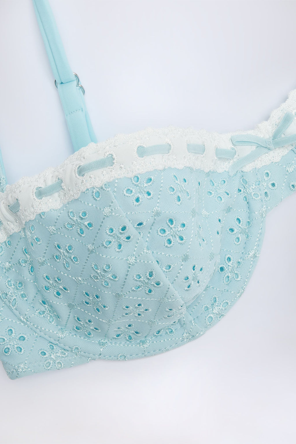 Chic Broderie Anglaise Underwired Balconette Bikini Top in Powder Blue