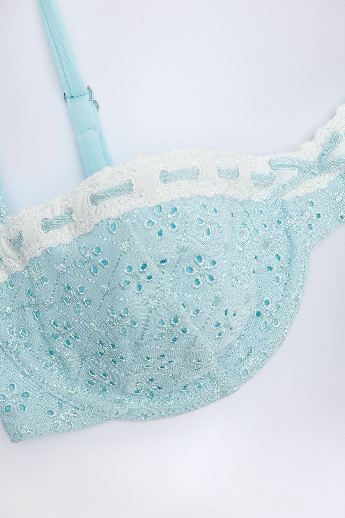 Chic Broderie Anglaise Underwired Balconette Bikini Top in Powder Blue