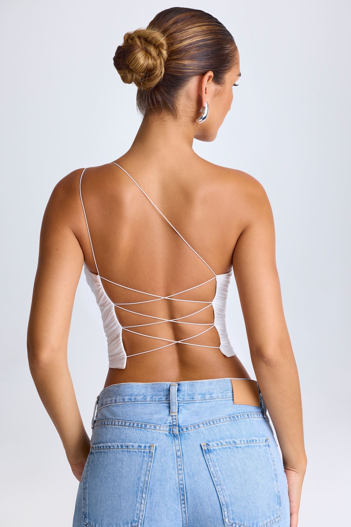 Chic One-Shoulder Lace-Up Top in White