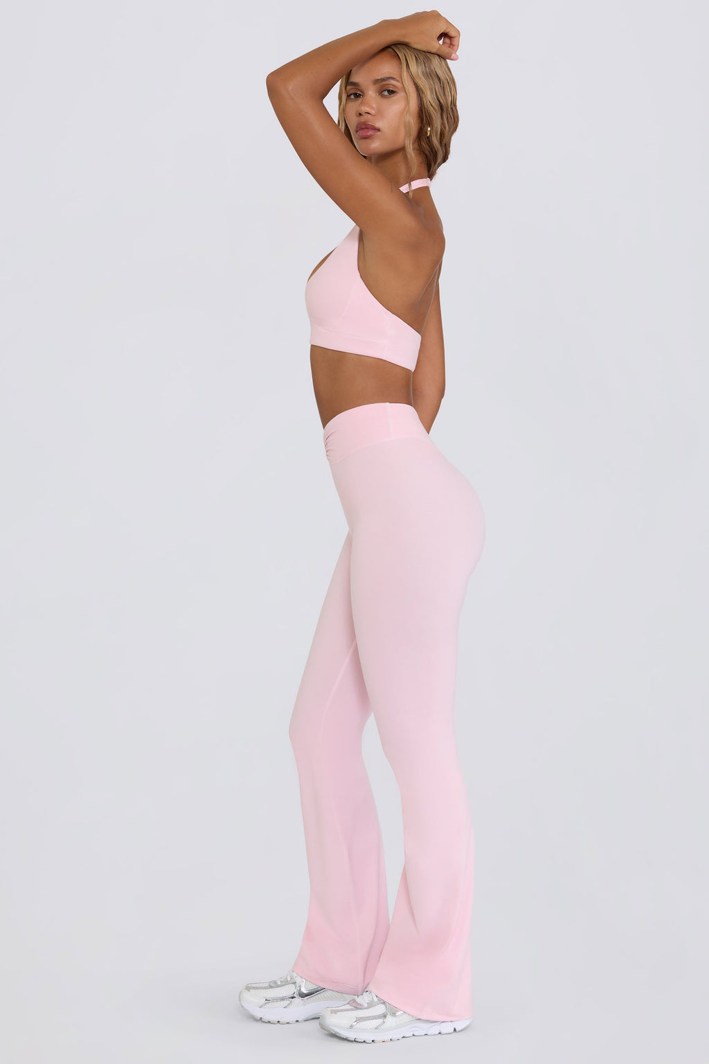 Chic Brushed Jersey Ruched Flared Trousers in Bloom