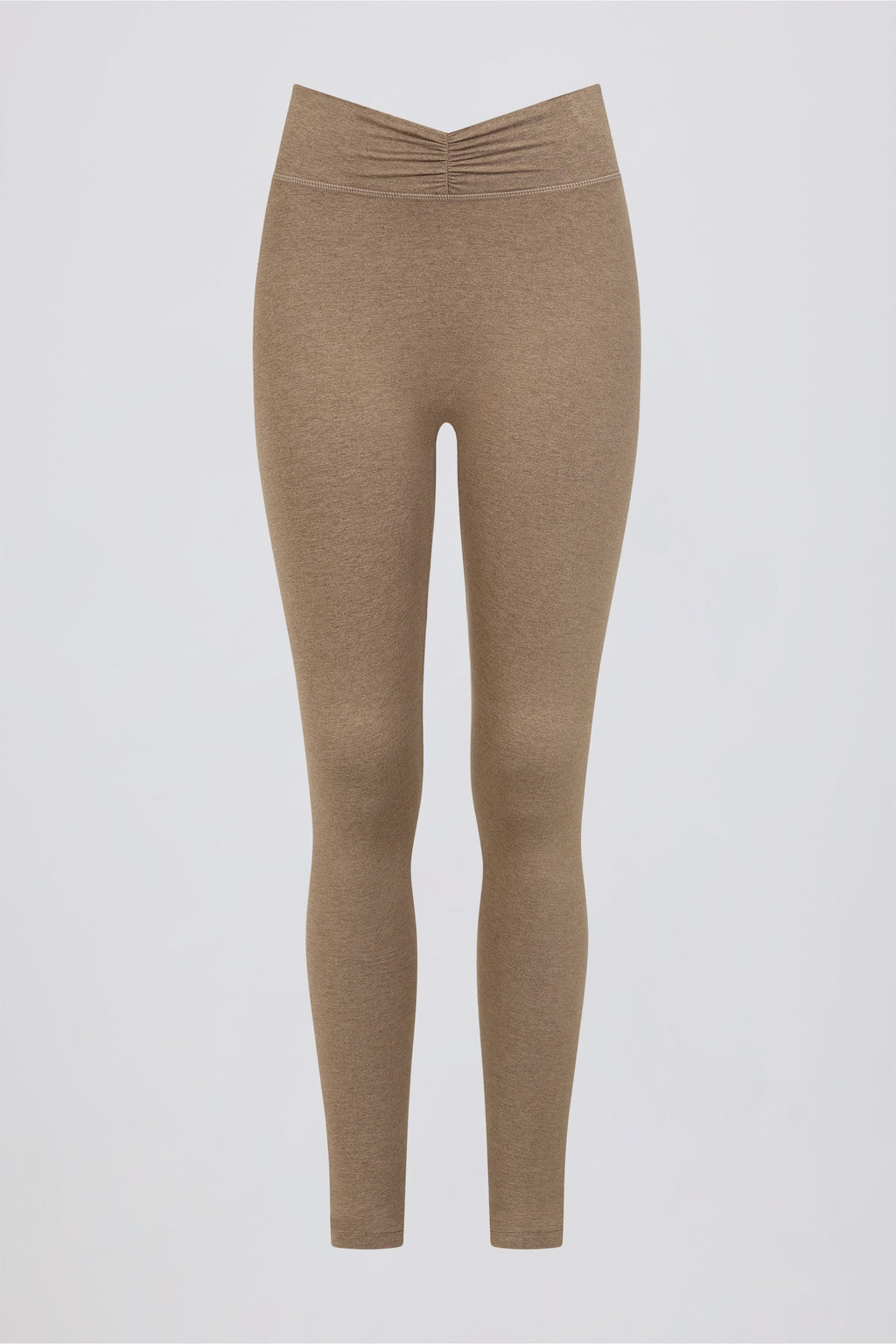 Chic Brushed Jersey Ruched Mid-Rise Leggings in Mocha Marl