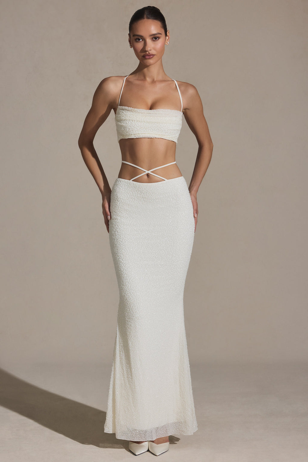 Chic Embellished Strappy Maxi Skirt in White