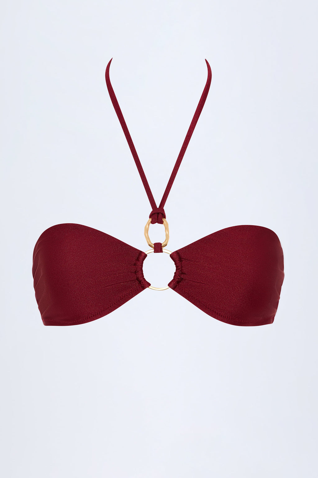 Chic Hardware-Detail Ruched Halterneck Bikini Top in Dark Cherry