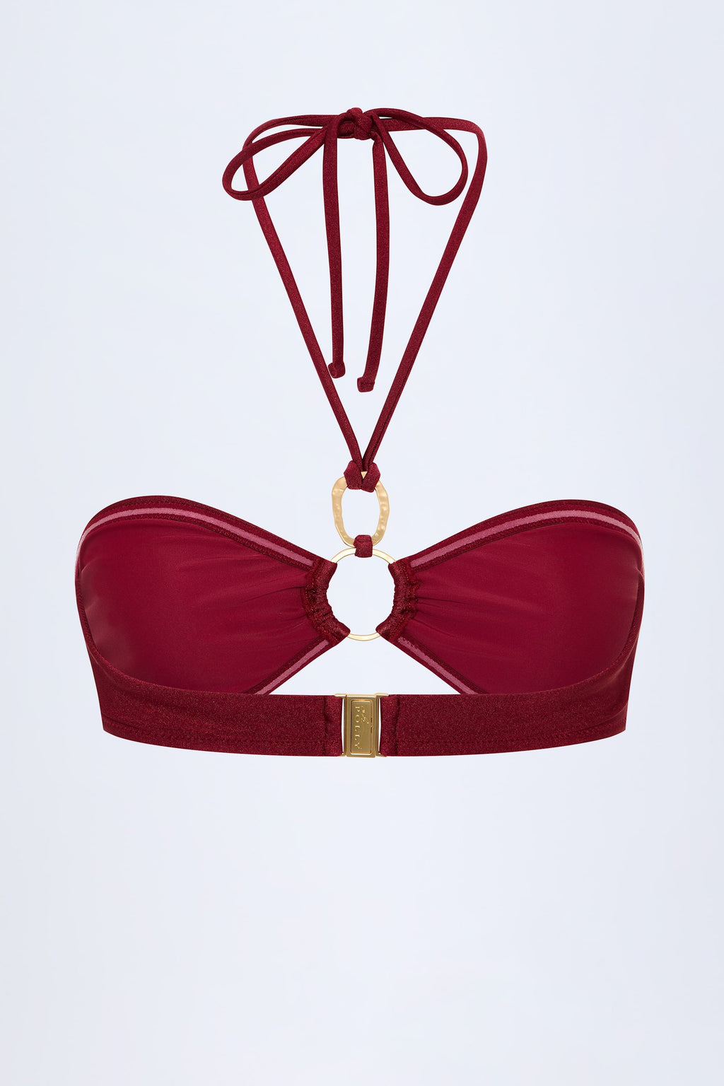 Chic Hardware-Detail Ruched Halterneck Bikini Top in Dark Cherry