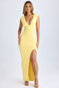 Chic Modal Plunge-Neck Thigh-Split Maxi Dress in Lemon Sherbet