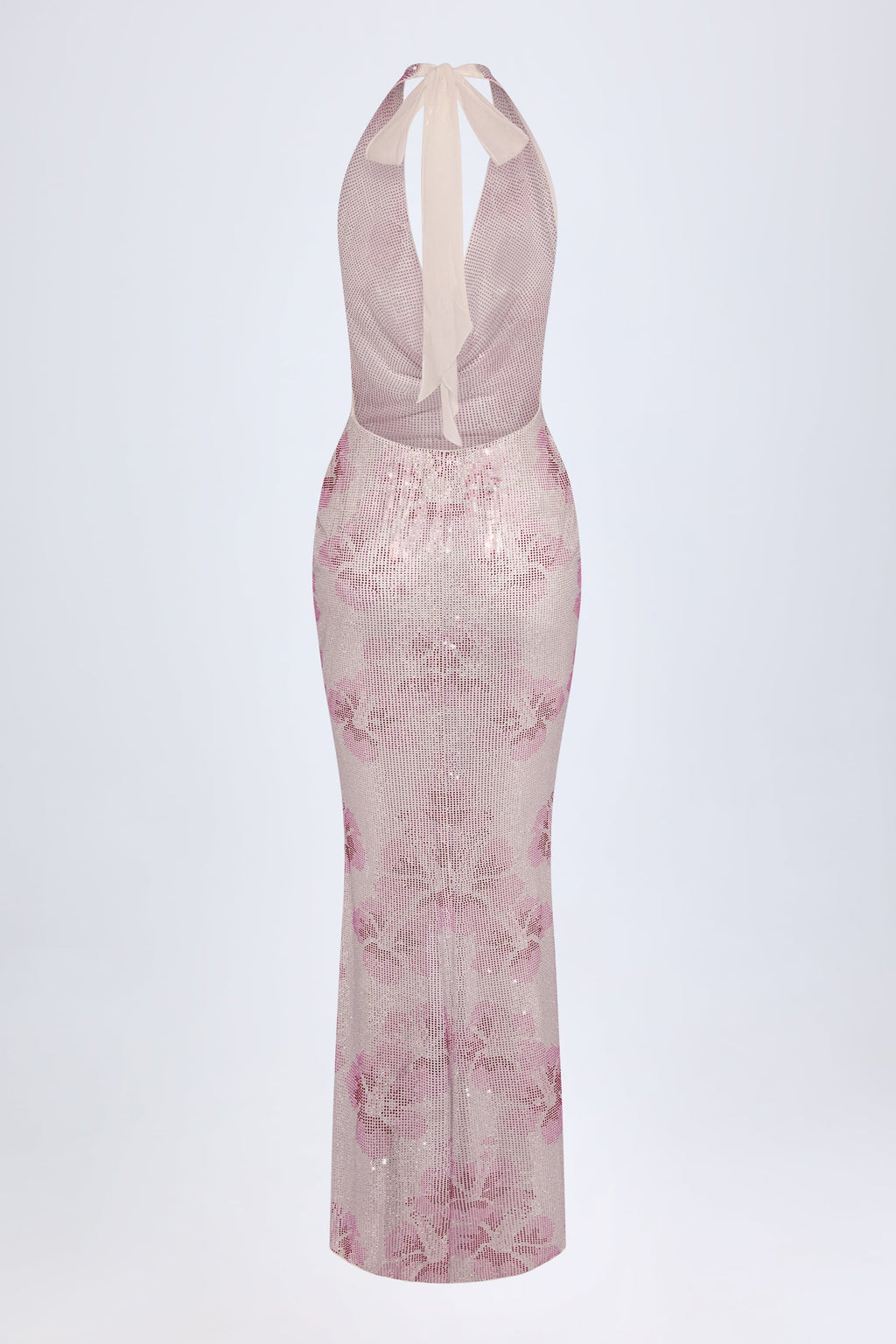 Chic Embellished Cowl-Neck Maxi Dress in Pink White Hotfix