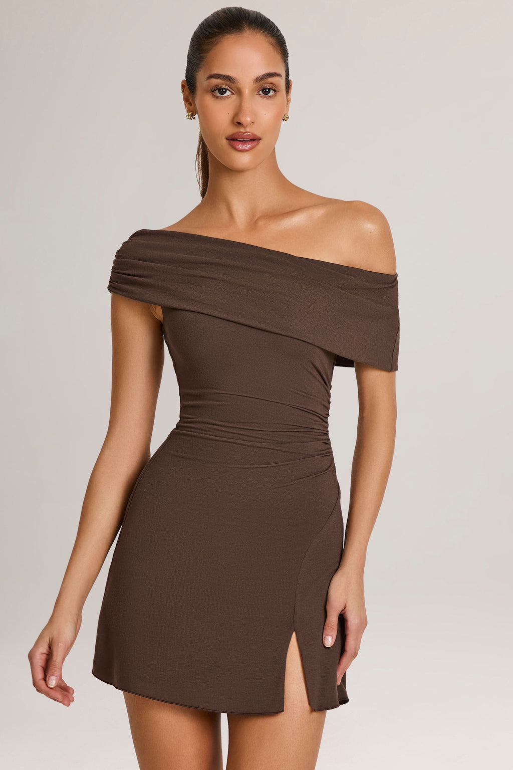 Chic Modal Asymmetric A-Line Mini Dress in Chocolate Brown