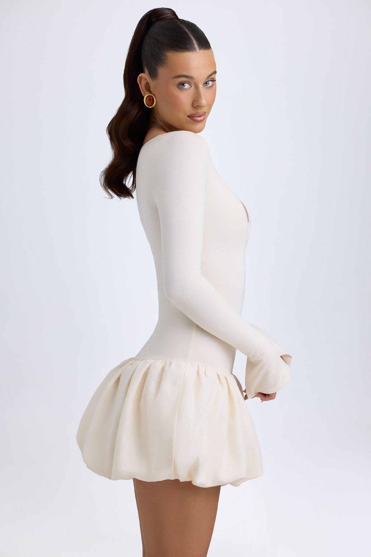 Chic Modal Drop-Waist Bubble Hem Mini Dress in Ivory