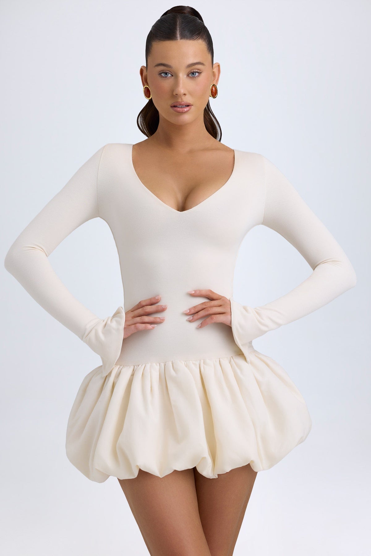 Chic Modal Drop-Waist Bubble Hem Mini Dress in Ivory