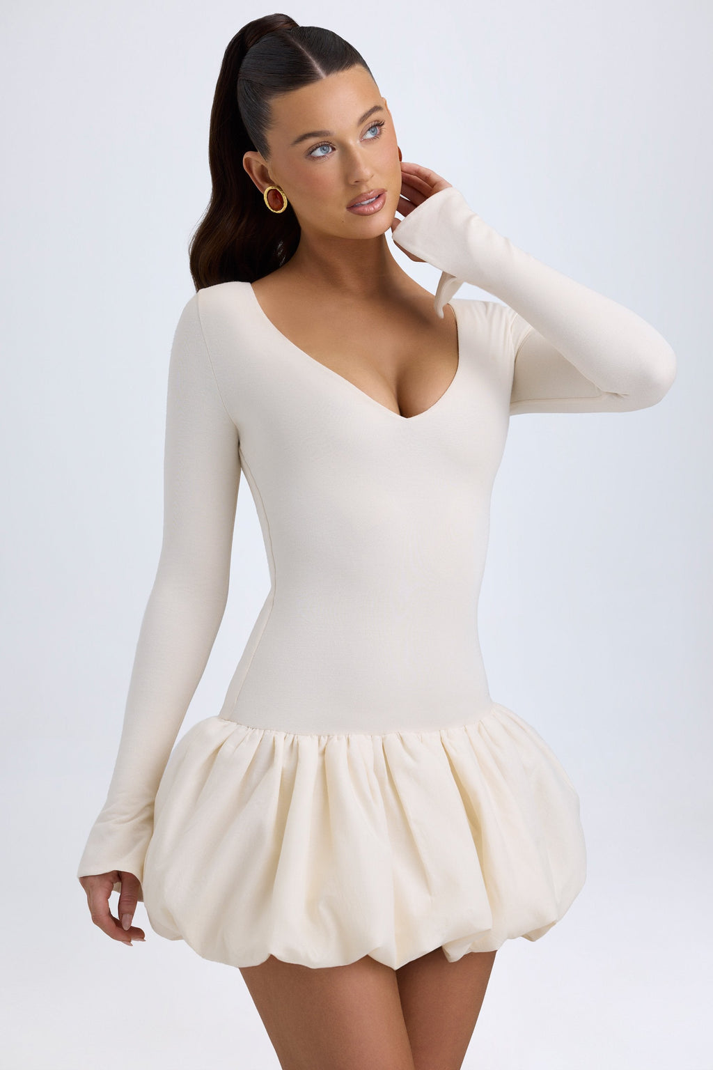 Chic Modal Drop-Waist Bubble Hem Mini Dress in Ivory
