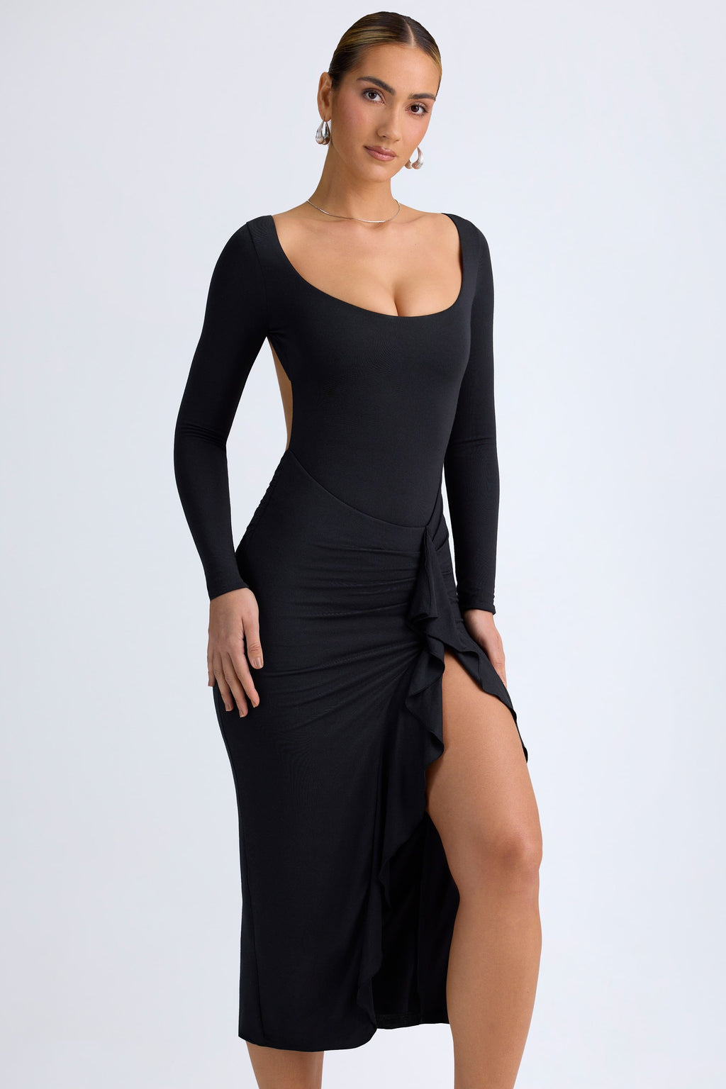 Chic Modal Ruffled Midaxi Dress in Black