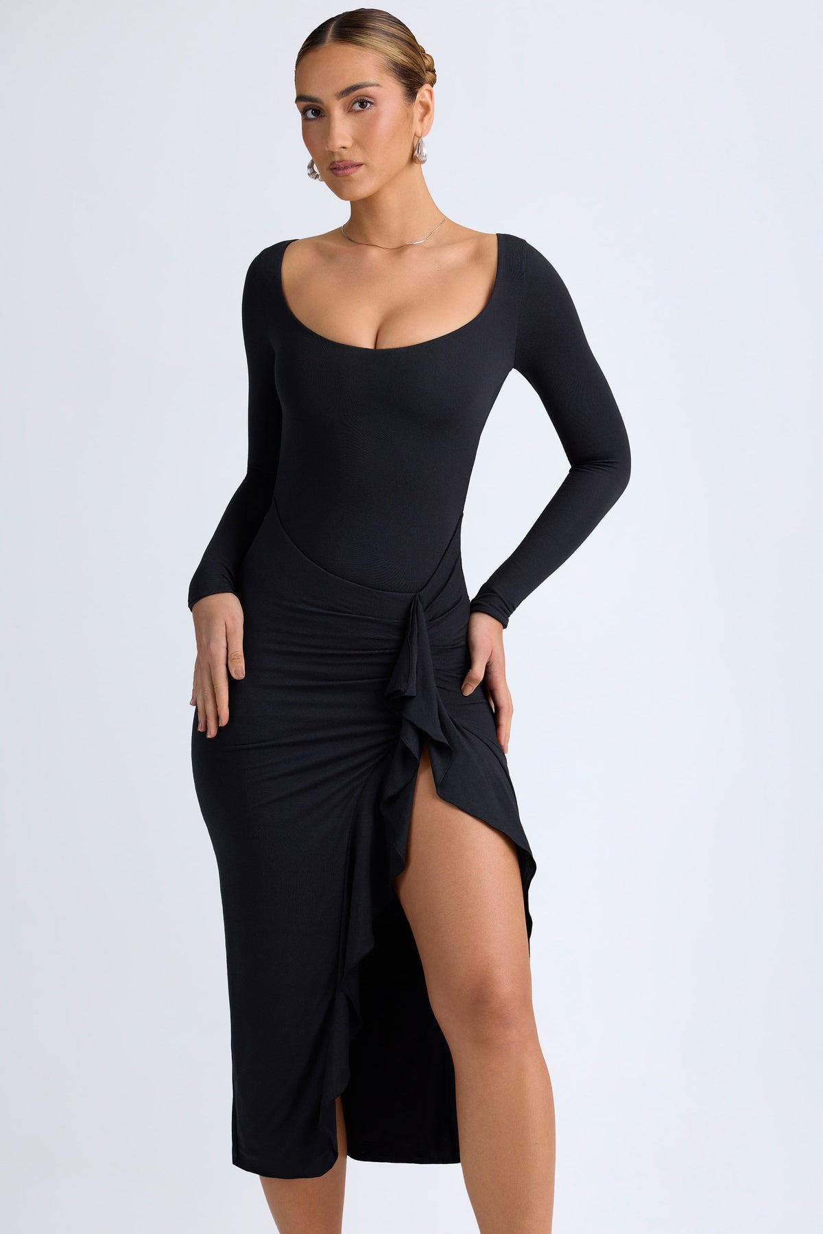 Chic Modal Ruffled Midaxi Dress in Black