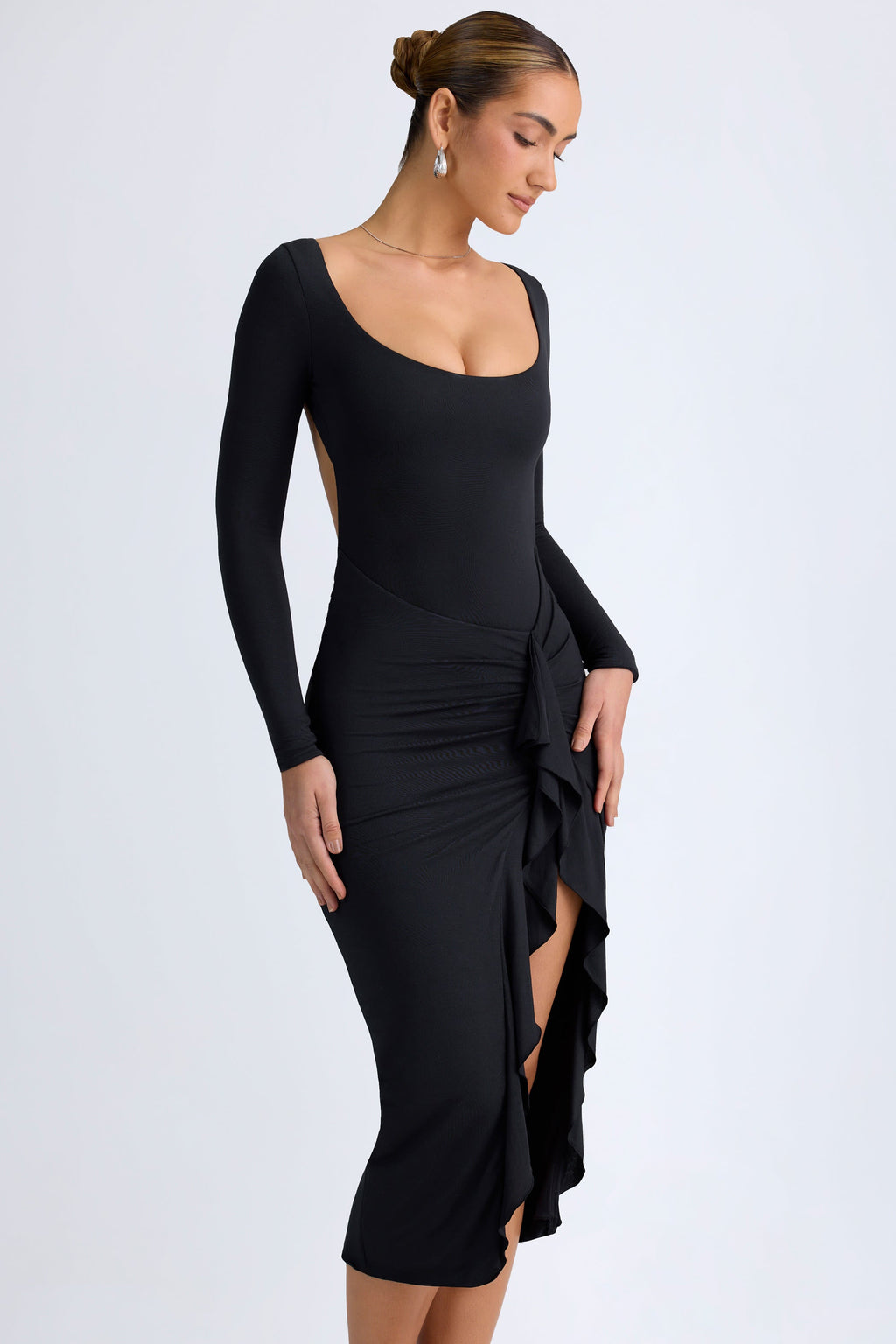Chic Modal Ruffled Midaxi Dress in Black