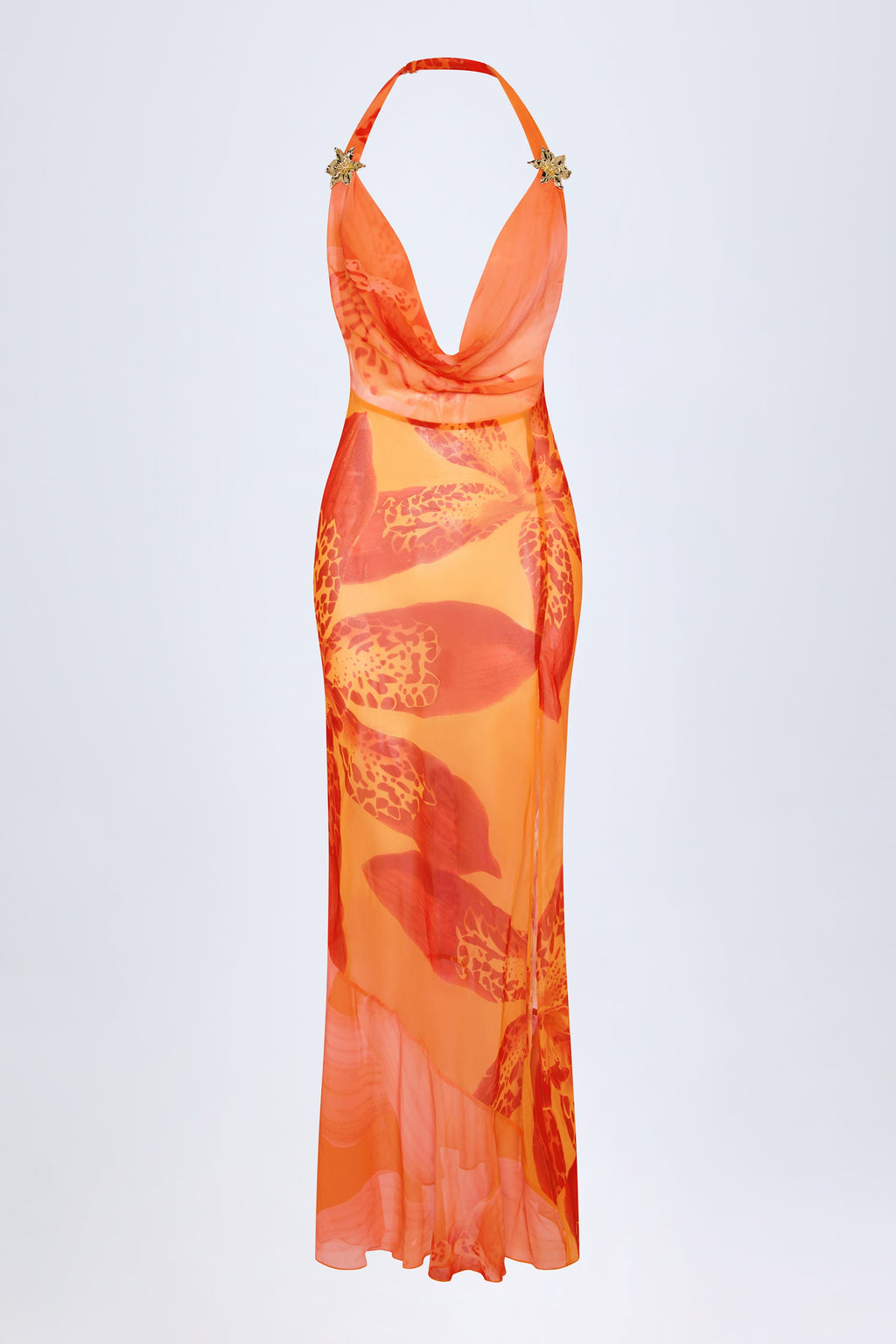 Chic Cowl-Neck Hardware-Detail Maxi Dress in Orange Orchid Print