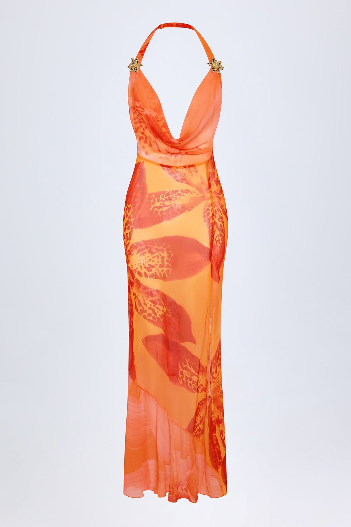 Chic Cowl-Neck Hardware-Detail Maxi Dress in Orange Orchid Print