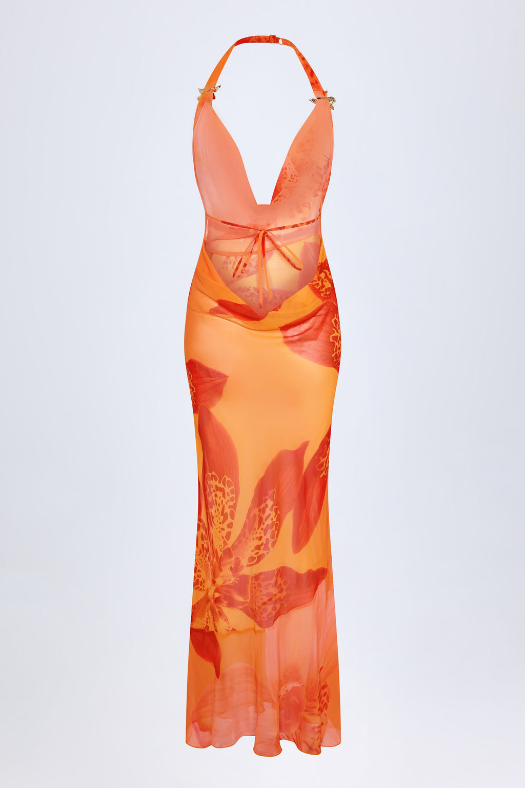 Chic Cowl-Neck Hardware-Detail Maxi Dress in Orange Orchid Print