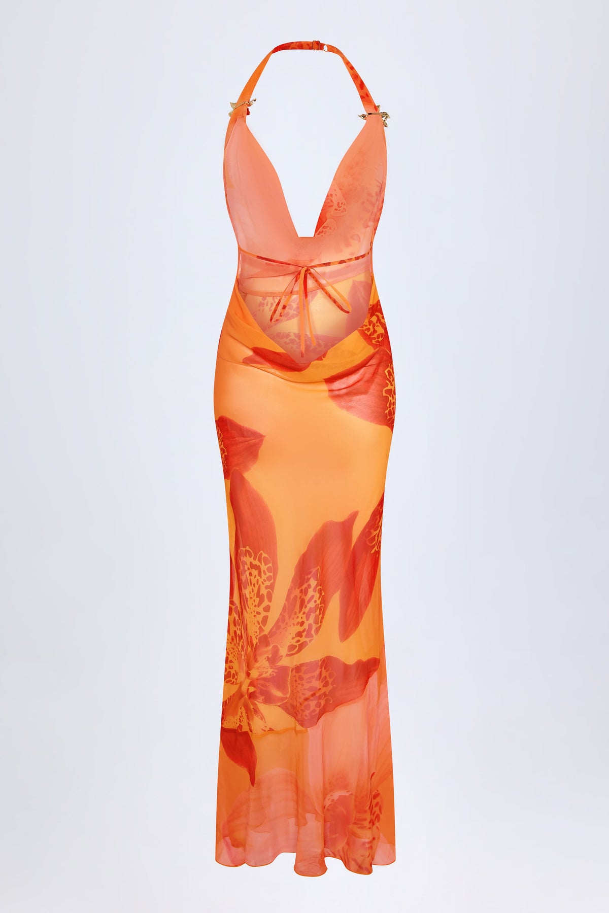 Chic Cowl-Neck Hardware-Detail Maxi Dress in Orange Orchid Print