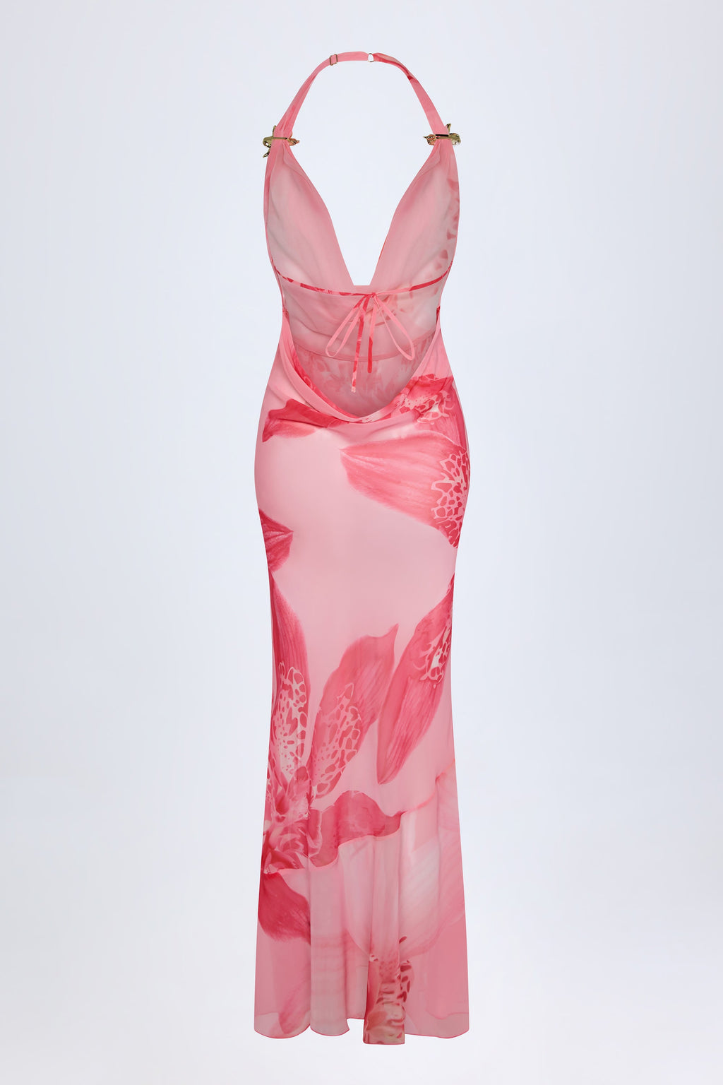 Chic Cowl-Neck Hardware-Detail Maxi Dress in Pink Orchid Print