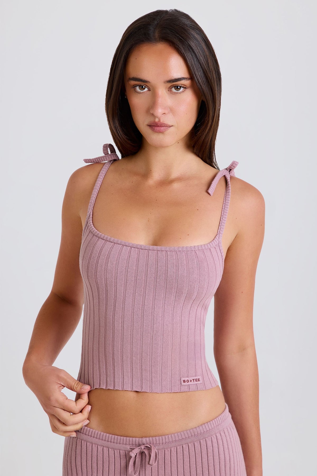 Chic Ribbed Knit Tie Tank Top in Mauve