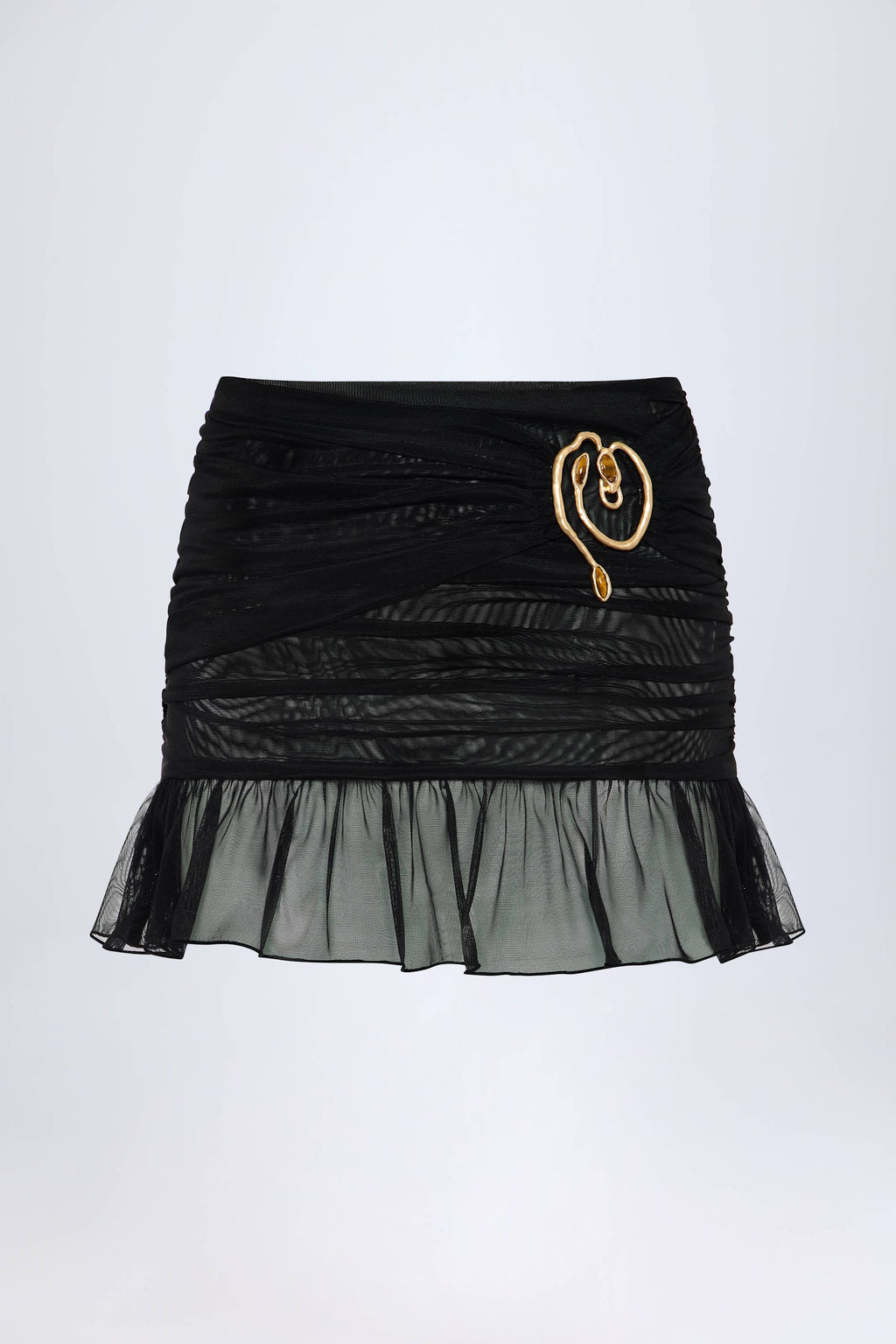 Chic Hardware-Detail Ruffled Mid-Rise Mini Skirt in Black