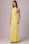 Chic Ruffled Backless Halterneck Maxi Dress in Lemon Yellow