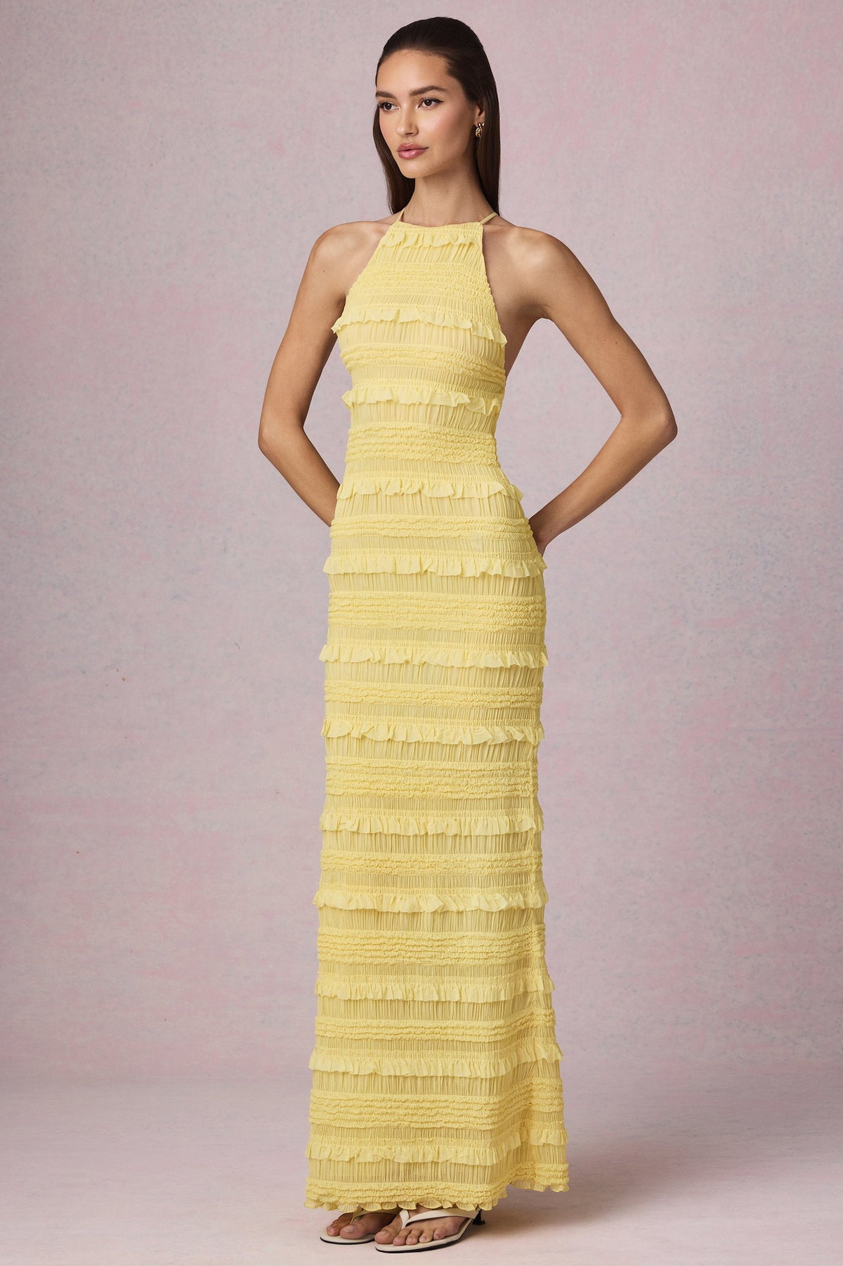Chic Ruffled Backless Halterneck Maxi Dress in Lemon Yellow