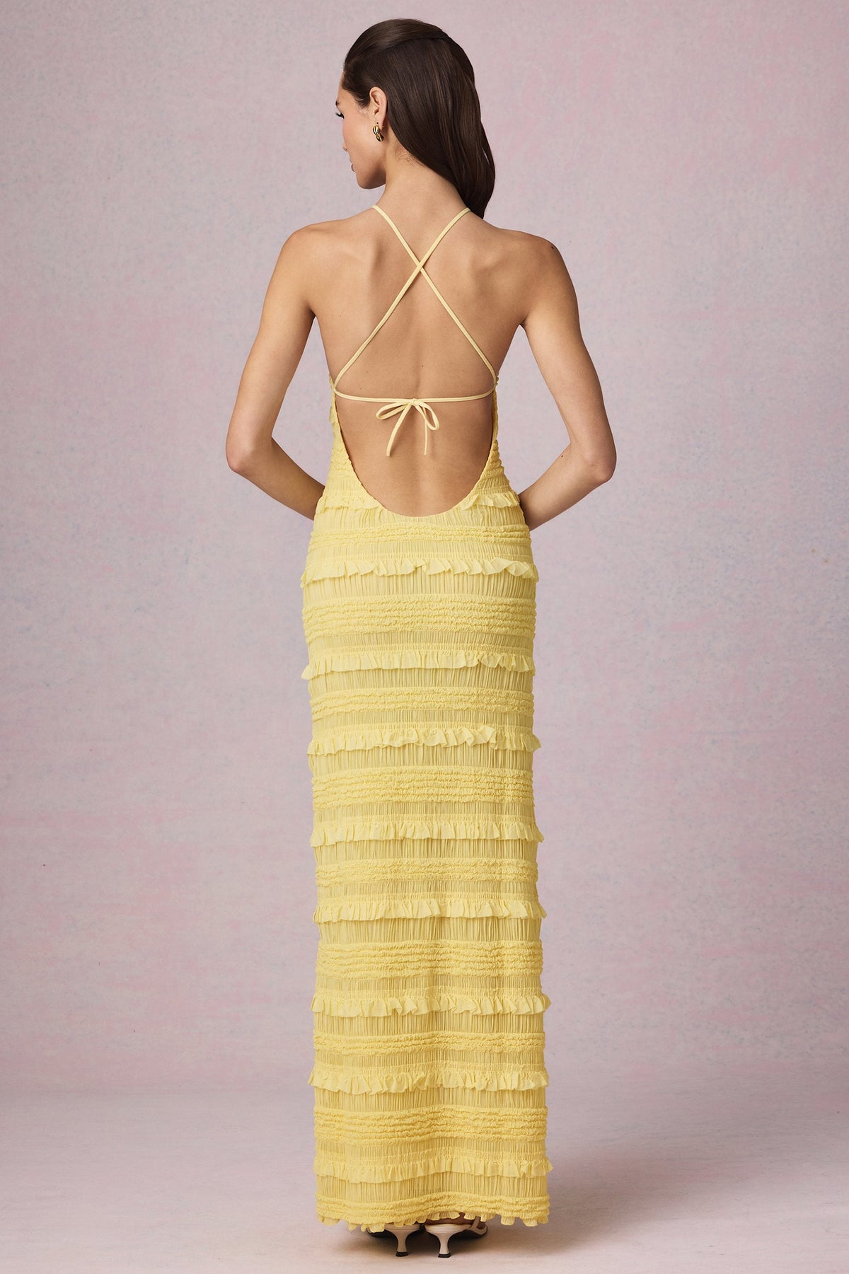 Chic Ruffled Backless Halterneck Maxi Dress in Lemon Yellow
