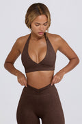 Chic Brushed Jersey V-Neck Sports Bra in Pecan Marl