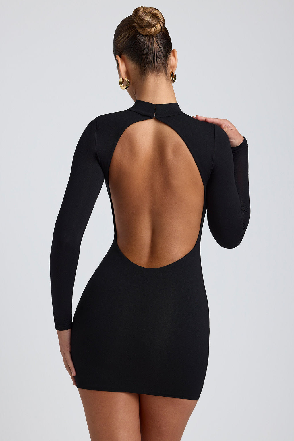 Chic Modal Open-Back Long-Sleeve Mini Dress in Black